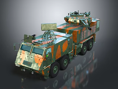 Military Camouflage Vehicle With Multi Wheels Top Antenna And Weapon System 3d model