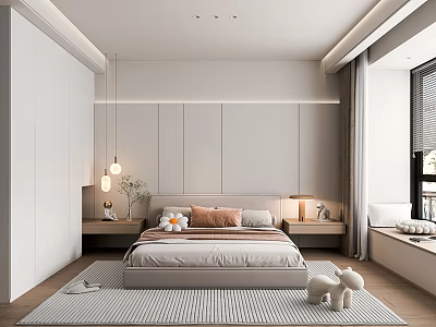 Modern Bedroom Interior With Bed Bedside Lamps Pendant Lights And Neutral Rug 3d model