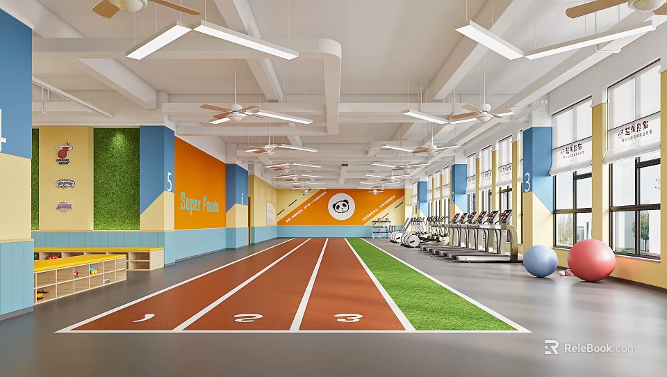 Indoor Gym With Running Track Fitness Equipment Orange Wall Next Run Sign And Green Area 3d model 
