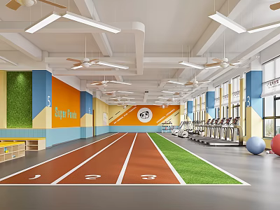 Indoor Gym With Running Track Fitness Equipment Orange Wall Next Run Sign And Green Area 3d model