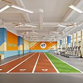 Indoor Gym With Running Track Fitness Equipment Orange Wall Next Run Sign And Green Area