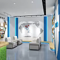 Modern Exhibition Hall Interior With White Sofas Green Reception Desk And Display Boards 3d model