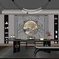 Chinese Study Room with Round Decorative Painting Bookshelves Desk Laptop Vase Carpet and Chandelier