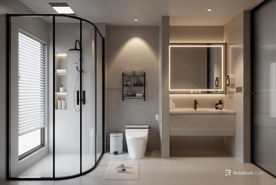 Modern Bathroom Interior With Glass Shower Toilet Vanity Mirror Storage Shelf And Blinds 3d model 
