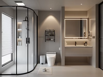 Modern Bathroom Interior With Glass Shower Toilet Vanity Mirror Storage Shelf And Blinds 3d model