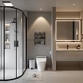 Modern Bathroom Interior With Glass Shower Toilet Vanity Mirror Storage Shelf And Blinds
