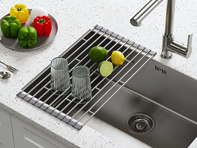 Kitchen Sink With Drying Rack And Glasses On Countertop 3d model