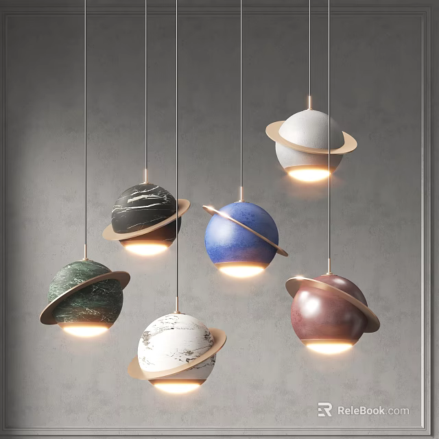 Modern Multicolored Planet Pendant Lights With Rings Hanging Against Gray Wall 3d model 