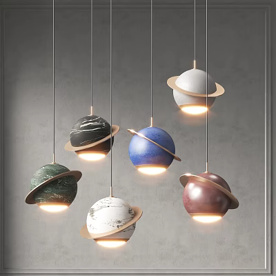 Modern Multicolored Planet Pendant Lights With Rings Hanging Against Gray Wall 3d model