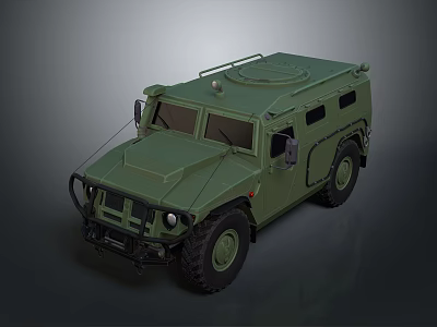 Green Armored Military Off Road Vehicle With Roof Equipment And Large Tires 3d model