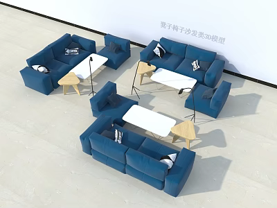 Modern Sofa and Coffee Table Set with Blue Fabric and Wooden Side Tables 3d model
