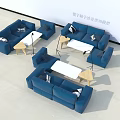 Modern Sofa and Coffee Table Set with Blue Fabric and Wooden Side Tables