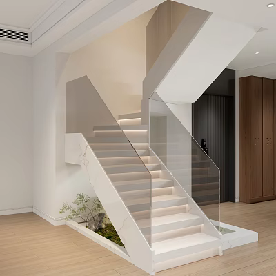 Modern Interior Staircase with Glass Railing White Steps and Lighting Design in Contemporary Home 3d model
