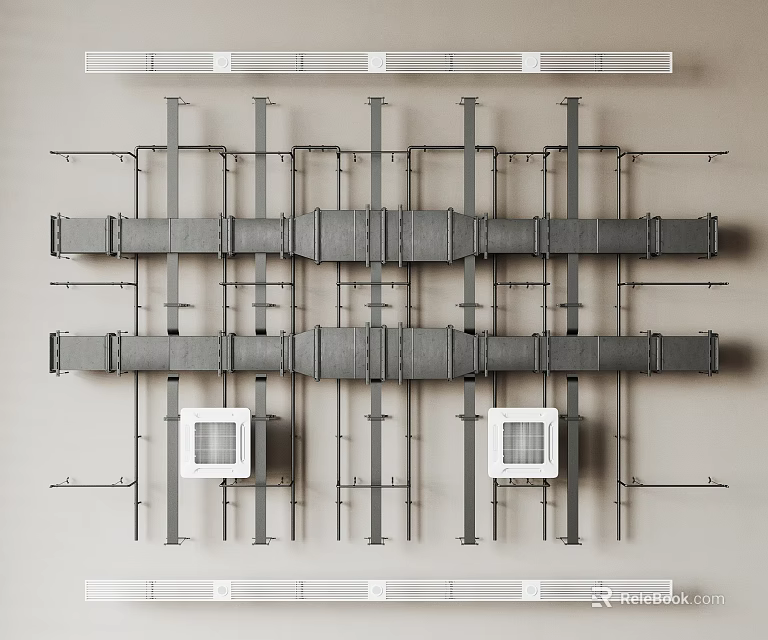 Industrial Pipe System Layout With Metal Brackets And Rectangular Vent Units 3d model