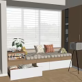 Cozy Bay Window Nook With Striped Cushion Pillows Drawer Storage Potted Plant And Floor Lamp