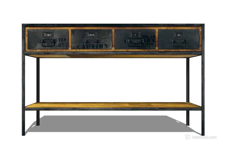 Industrial Style Desk with Metal Frame Wooden Drawers and Lower Shelf 3d model 