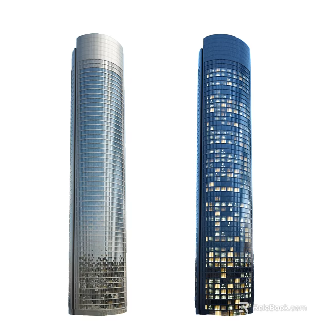 Modern Twin Office Building Skyscrapers With Glass Curtain Walls And Night Lighting 3d model 