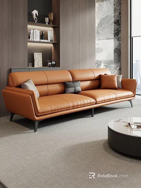 Modern Orange Leather Sofa With Cushions And Round Coffee Table Set 3d model 