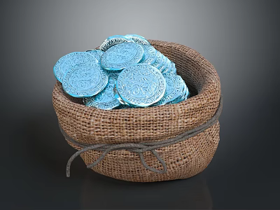 Blue Decorative Coins Filled in Brown Burlap Sack on Dark Background 3d model