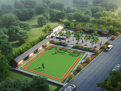 Recreational Community Area with Green Lawn Trees Buildings and People Doing Outdoor Activities 3d model