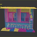 Small Green Building Exterior With Two Windows Wooden Frames Awning Metal Railing And Patterned Mat