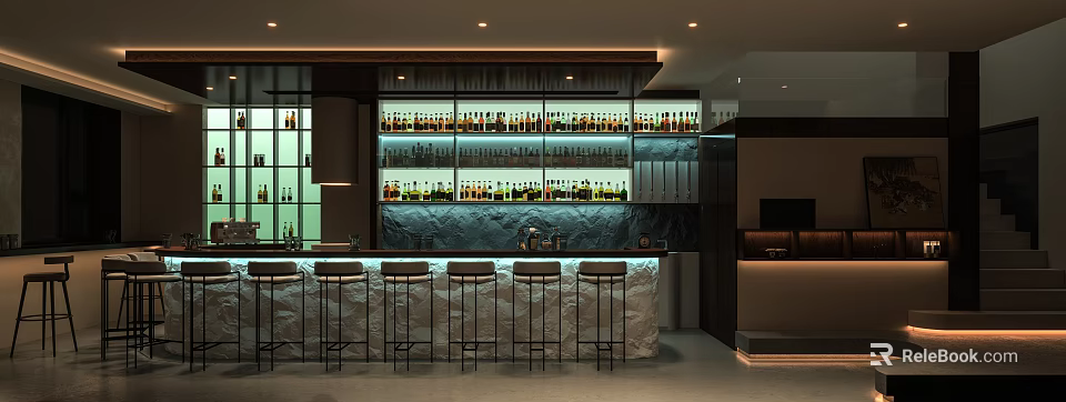 Modern Bar Interior With Stone Counter Bar Stools Shelves Of Bottles And Ambient Lighting 3d model 