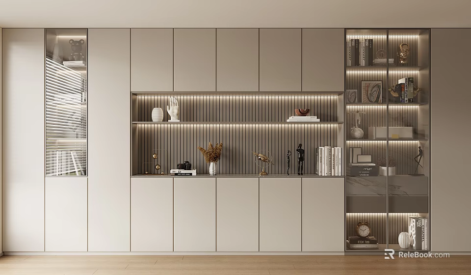 Modern Bookcase Interior Design With Lighting Decorative Items And Books 3d model 