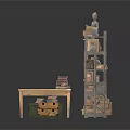Vintage Storage Shelves With Books Statue Vases Wooden Table And Boxes