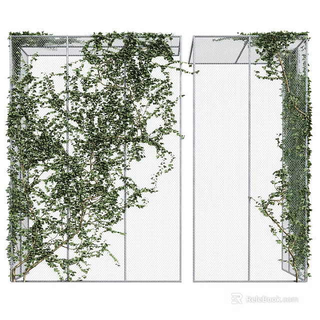 Lush Green Vines Climbing White Grid Frame On Interior Wall With Decorative Foliage 3d model 