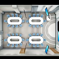School Modern Classroom With White Tables Blue Chairs Circular Lights And Large Screens