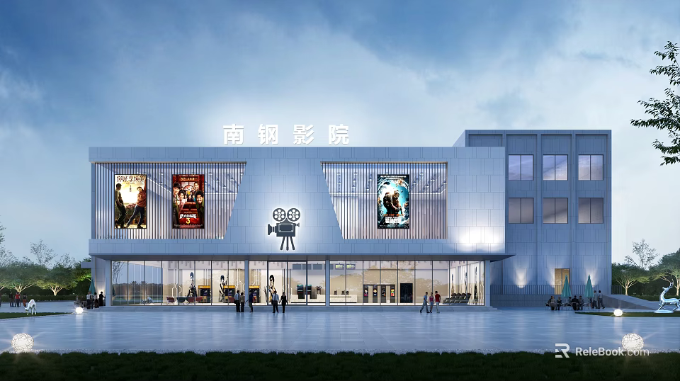 Modern Nangang Cinema Exterior With Movie Posters And People At Entrance 3d model 