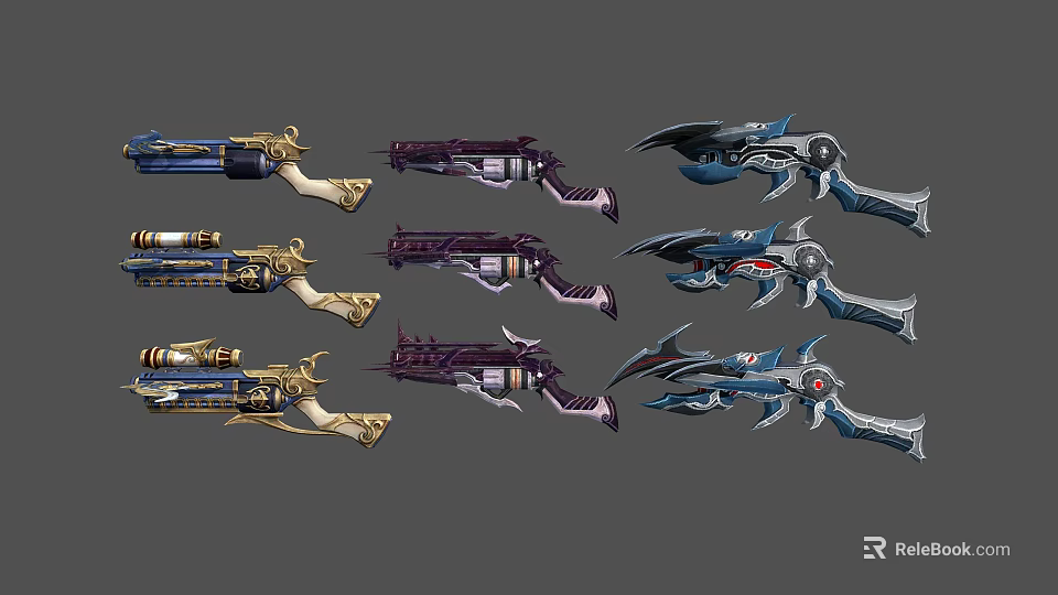 Futuristic Sci Fi Weapons With Colorful Mechanical And Decorative Designs 3d model 