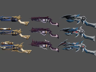 Futuristic Sci Fi Weapons With Colorful Mechanical And Decorative Designs 3d model
