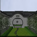 Chinese Style Garden Circular Archway With Lush Greenery Bamboo And Water Feature Path