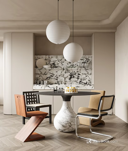 Modern Restaurant Interior With Round Marble Table White Spherical Pendant Lights And Patterned Wall 3d model