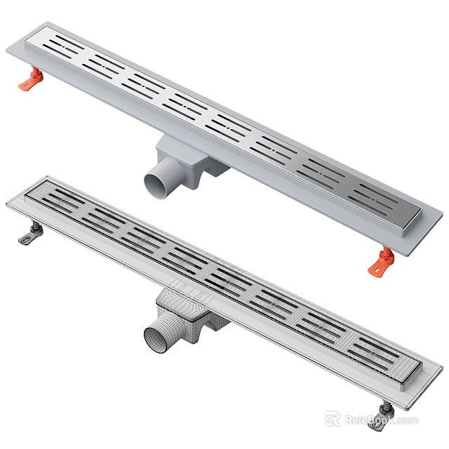 Stainless Steel Long Strip Floor Drain With Drainage Holes Connecting Pipe And Orange Fasteners 3d model 