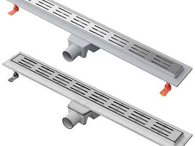 Stainless Steel Long Strip Floor Drain With Drainage Holes Connecting Pipe And Orange Fasteners 3d model