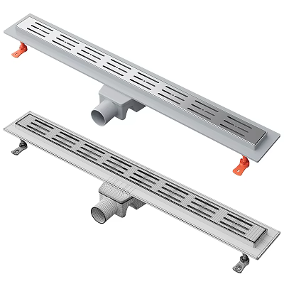 Stainless Steel Long Strip Floor Drain With Drainage Holes Connecting Pipe And Orange Fasteners 3d model