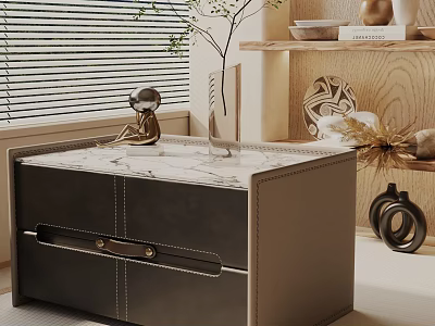 Modern Bedside Table With Marble Top Black Drawer Metal Handle Decorative Items And Wooden Shelf 3d model
