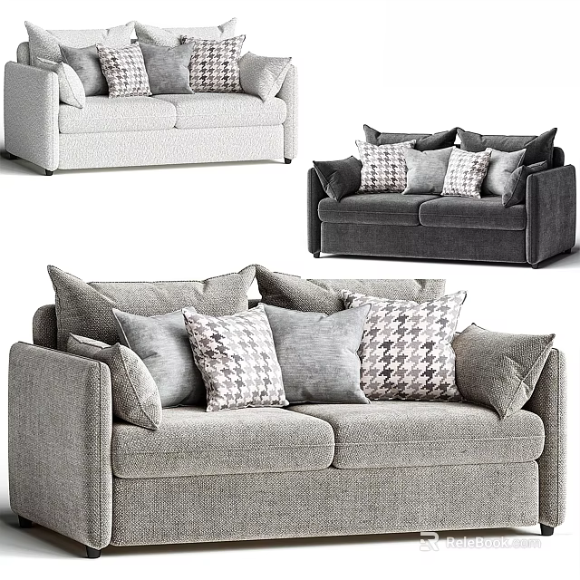 Modern Two Seater Sofa In Grey Fabric With Multiple Checkered Pillows 3d model