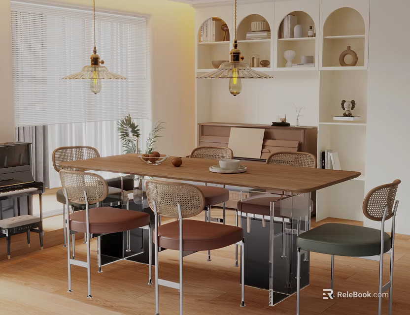 Modern Restaurant Interior With Long Dining Table Rattan Chairs Pendant Lights And Ceramic Decor Shelves 3d model 