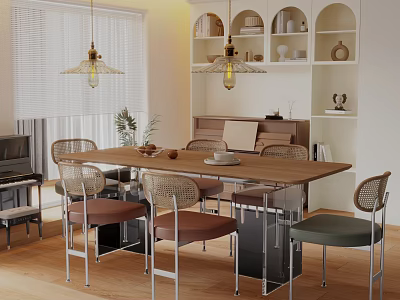 Modern Restaurant Interior With Long Dining Table Rattan Chairs Pendant Lights And Ceramic Decor Shelves 3d model