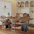 Modern Restaurant Interior With Long Dining Table Rattan Chairs Pendant Lights And Ceramic Decor Shelves