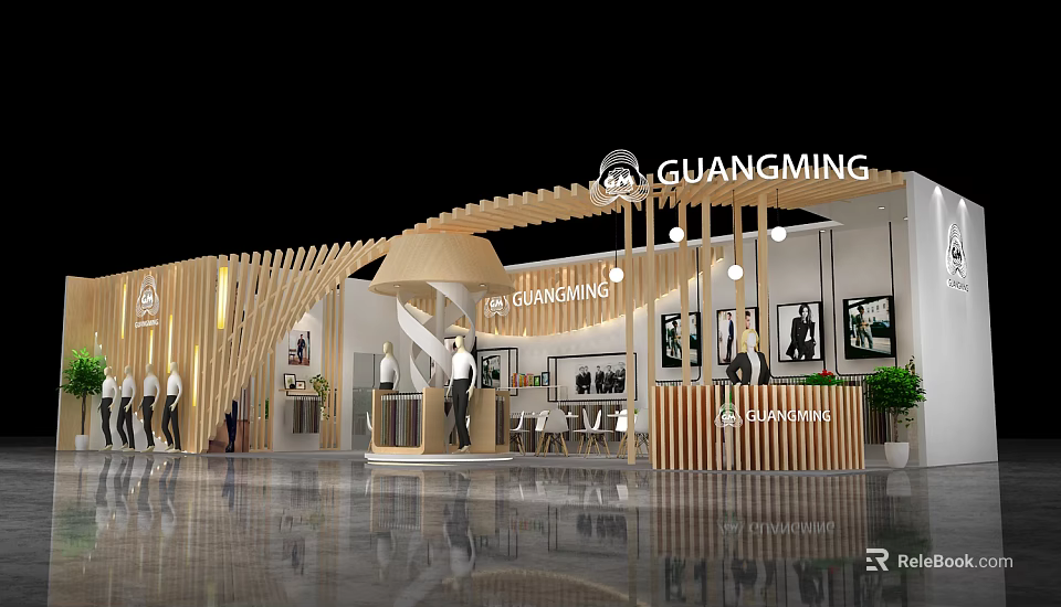 GUANGMING Exhibition Booth Modern Wooden Design With Display Items And Lighting 3d model 
