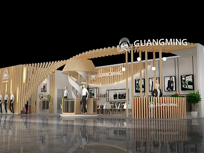 GUANGMING Exhibition Booth Modern Wooden Design With Display Items And Lighting 3d model