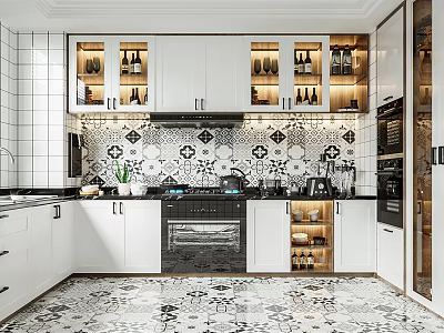 Modern Kitchen Interior Featuring White Cabinets Patterned Tiled Backsplash Oven And Countertop 3d model