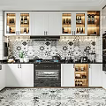 Modern Kitchen Interior Featuring White Cabinets Patterned Tiled Backsplash Oven And Countertop