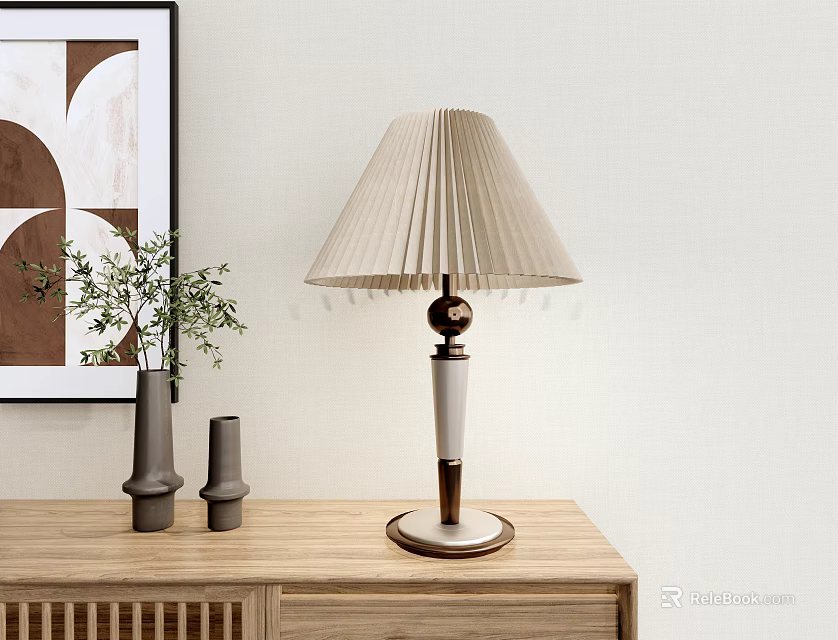 Beige Pleated Shade Table Lamp With White Brown Base On Wooden Cabinet Grey Vases 3d model 