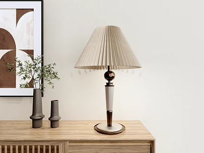Beige Pleated Shade Table Lamp With White Brown Base On Wooden Cabinet Grey Vases 3d model
