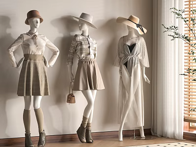 Commercial Clothing Display Mannequins in Retail Store With Fashionable Outfits and Decorative Plants 3d model